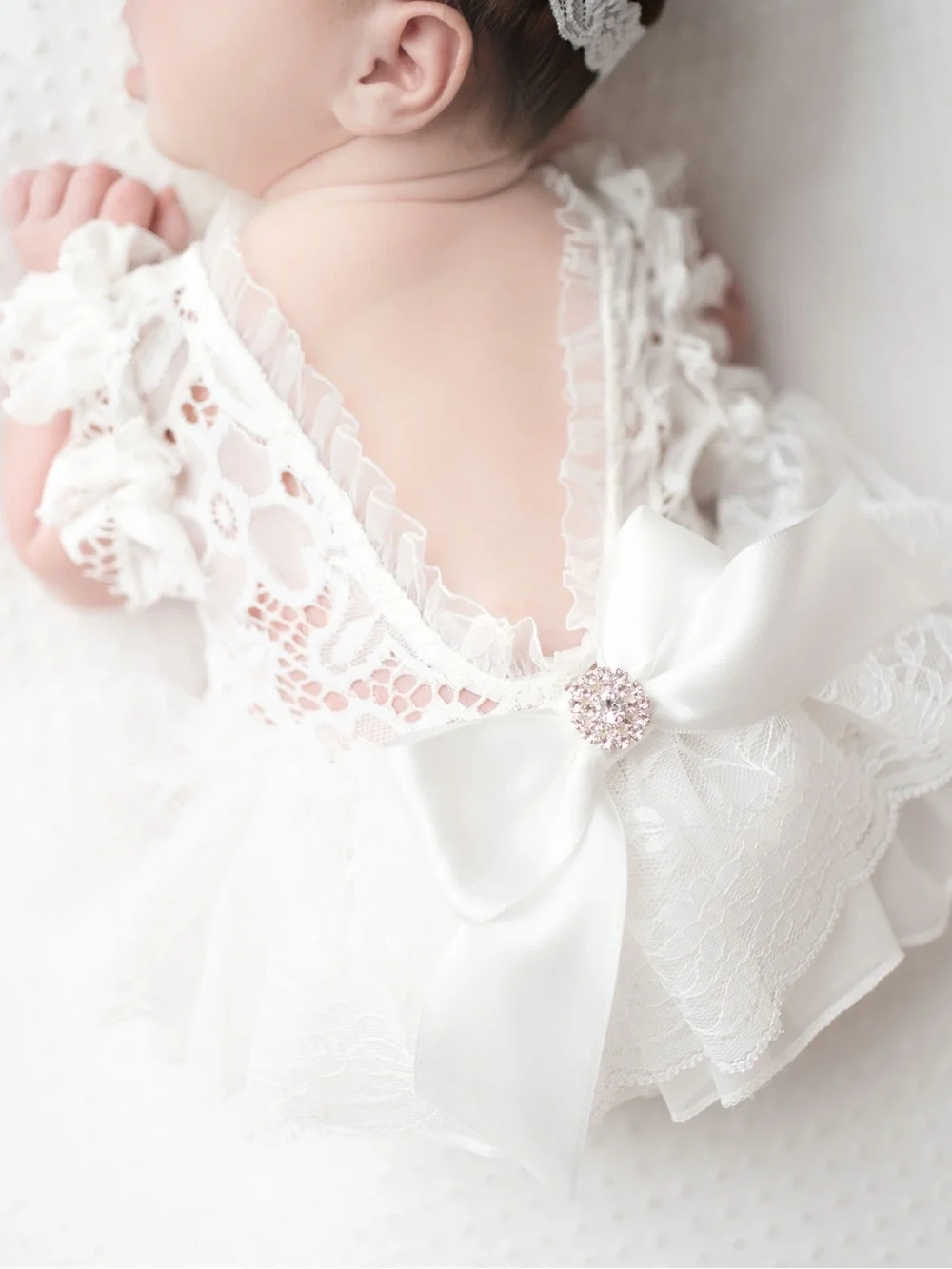 Custom Newborn Ivory Lace Photo Shoot Romper Rhinestone Bowp